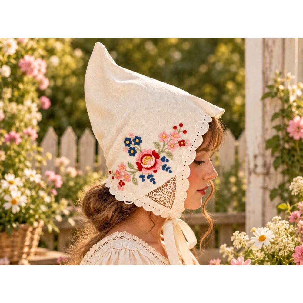 Vintage-Inspired Upcycled Embroidered Linen Pixie Cap